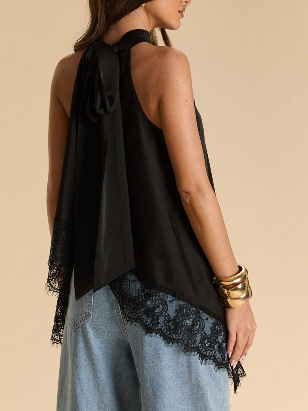 Black Party Women's Sexy Elegant Lace Patchwork Halter Backless Camisole Top - Picture 2 of 8